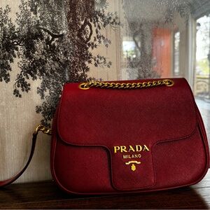 Prada Burgundy Leather Shoulder Bag with Gold Accents